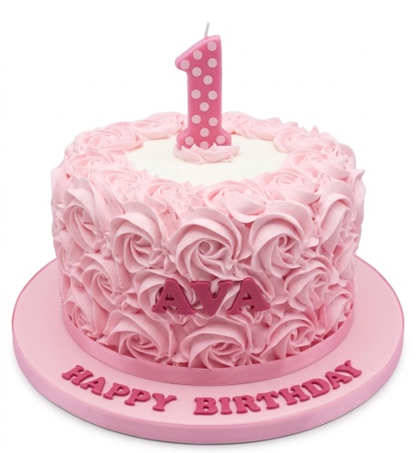 Pink birthday cake with rosette icing, a number one candle, and a personalised name.
