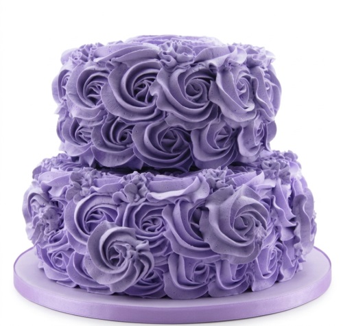Two-tier round cake decorated with lavender buttercream rosettes on a matching cake board.