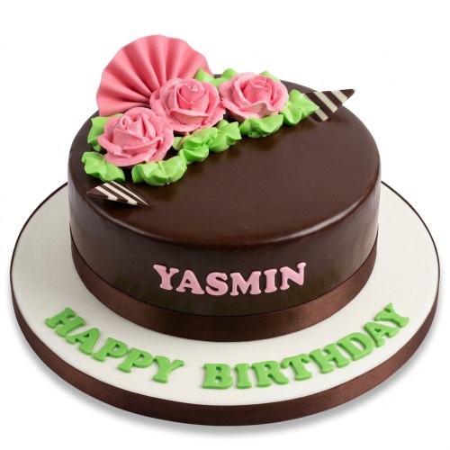 Round chocolate birthday cake with pink roses, green leaves, and a custom name.