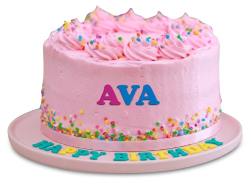 Pink birthday cake with piped frosting, colourful sprinkles, and a custom name.