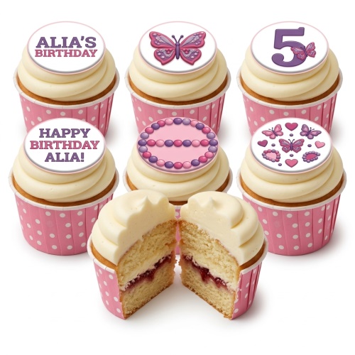 Six butterfly and heart themed birthday cupcakes with pink polka dot wrappers and custom age topper.