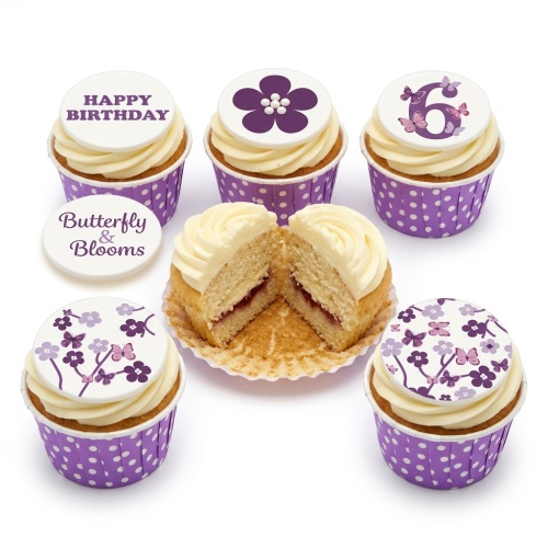 A selection of vanilla cupcakes with white frosting and purple butterfly and floral edible toppers, including a 'Happy Birthday' message and a custom age '6'.
