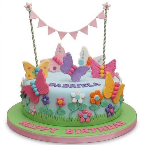 Round light blue birthday cake with colourful butterflies, flowers, and a pink bunting banner.