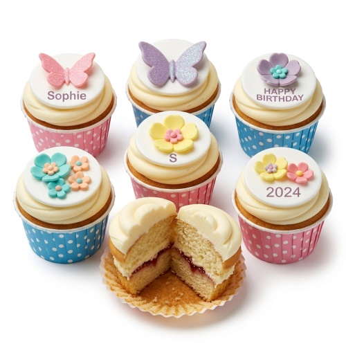 Assortment of floral and butterfly themed cupcakes with pastel decorations and customisable toppers.
