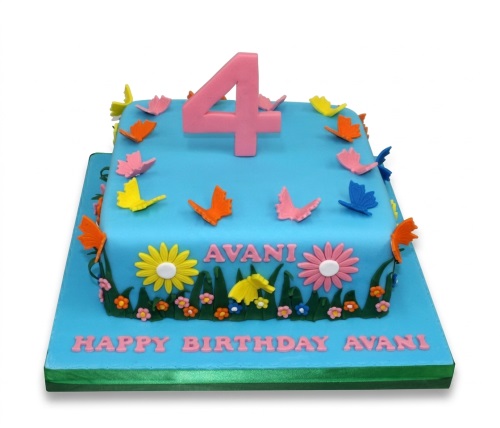 Blue square cake with pink number 4, colourful butterflies, and floral decorations.
