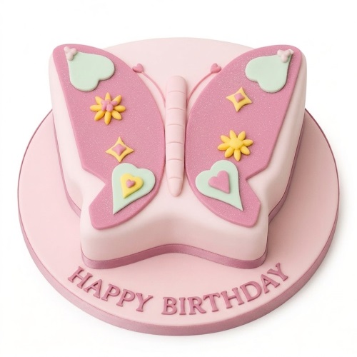 Pink butterfly-shaped birthday cake with hearts, stars, and 'Happy Birthday' message.