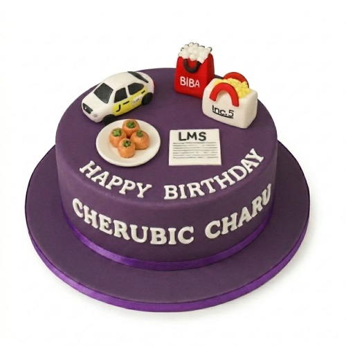 Round purple birthday cake with white 'Happy Birthday' text, decorated with a white car, red and white shopping bags, and a plate of sweets.