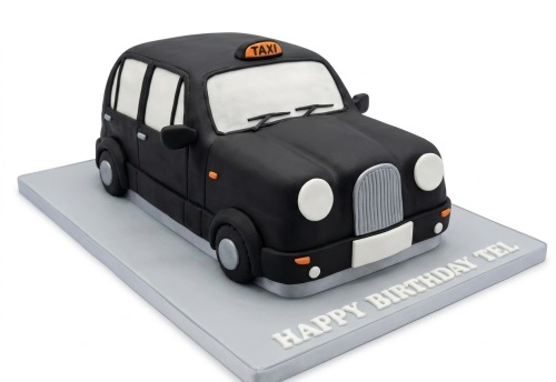 3D sculpted black London taxi birthday cake with a 'TAXI' sign on top, on a grey cake board.