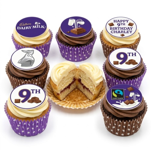 Cadbury Dairy Milk themed birthday cupcakes with chocolate and milk toppers, purple cases, and custom age example.