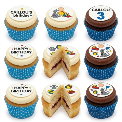 Caillou themed birthday cupcakes with vanilla and chocolate sponge, topped with character edible discs, custom age options, and blue polka dot wrappers.