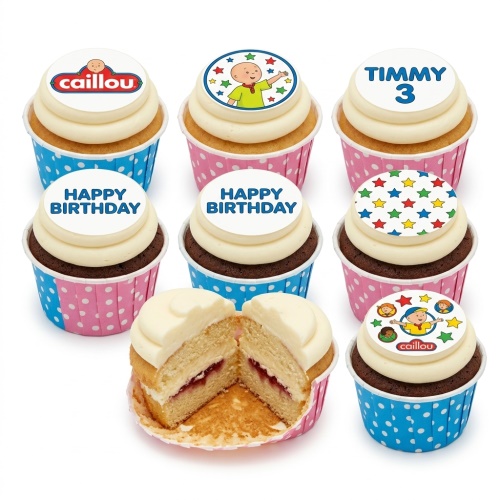 Selection of Caillou themed birthday cupcakes with white frosting, some with Caillou character toppers, Caillou logo, colourful stars, and 'Happy Birthday' or 'TIMMY 3' messages, in blue and pink polka dot cases.