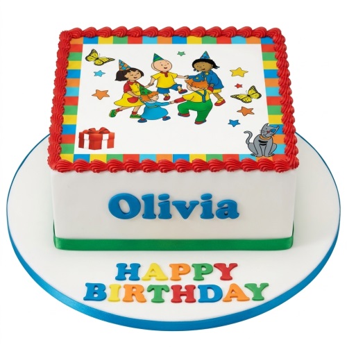 Square white birthday cake with Caillou and friends edible image, red piped border, green ribbon, and custom name.