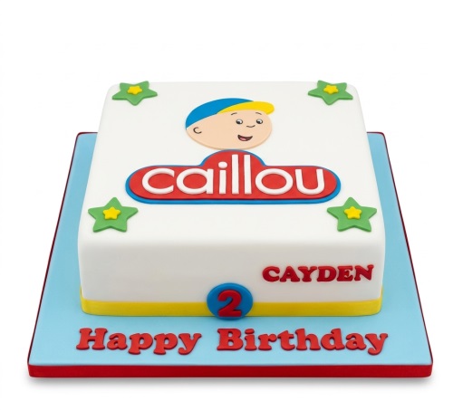 Square white Caillou themed birthday cake with a custom age topper and star decorations.