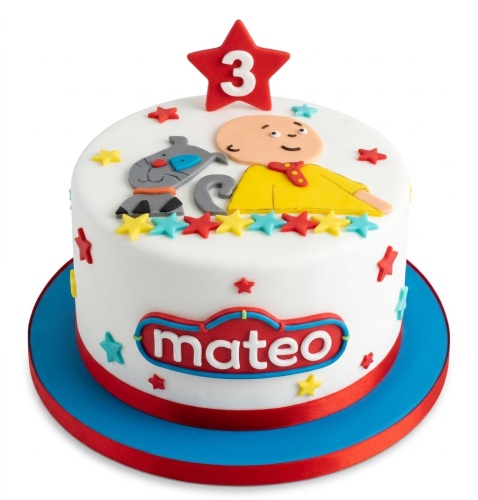 Round white Caillou birthday cake with Caillou and dog figures, colourful stars, and a custom age topper.