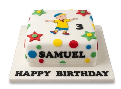 Square white Caillou birthday cake with colourful polka dots, stars, custom name, and age.