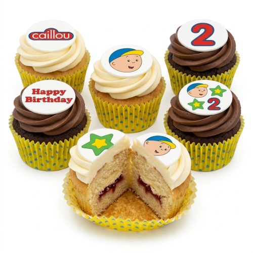 Caillou themed birthday cupcakes with character toppers, stars, and custom age topper on chocolate and vanilla frosting.