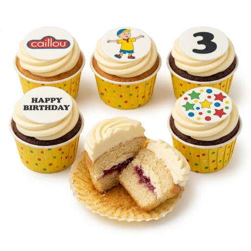 Caillou themed cupcakes with character, logo, number 3, and Happy Birthday toppers