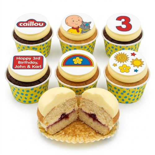 Set of Caillou themed birthday cupcakes with various edible toppers including Caillou, a custom age number, rainbow, suns, and a personalised message.