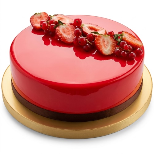 Round red mirror glaze cake topped with fresh strawberries and redcurrants on a gold board.