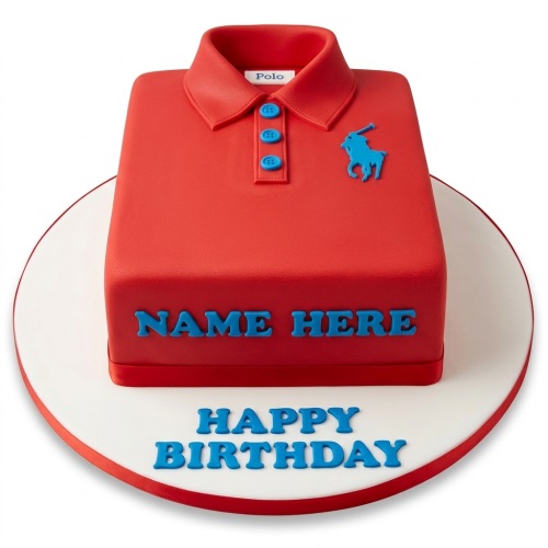 Red polo shirt birthday cake with blue buttons and logo, for men.