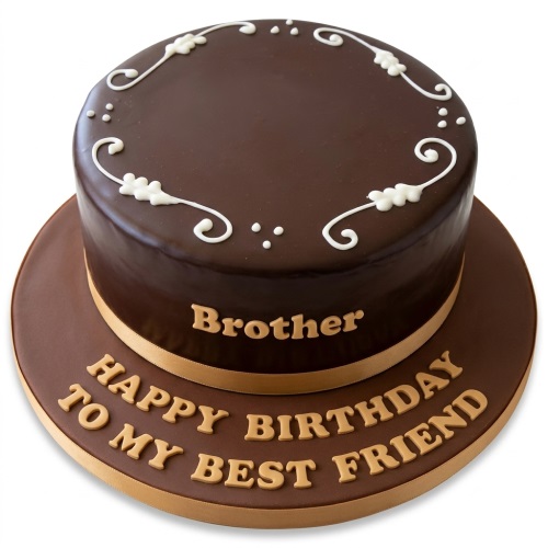Elegant dark brown birthday cake with white piping, gold ribbon, and a custom message on the board.