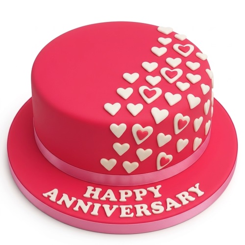 Round pink anniversary cake with white and pink heart decorations and 'Happy Anniversary' message.