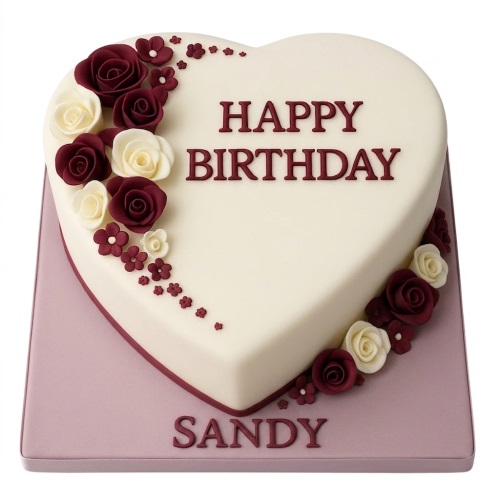 Heart-shaped cream birthday cake with deep red and cream fondant roses and "Happy Birthday" message.