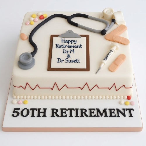 White square medical themed retirement cake with edible stethoscope, pills, syringe, plasters, and a custom message board.