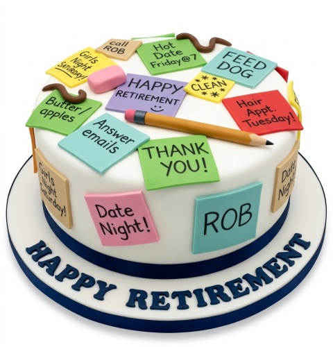 White retirement cake with colourful edible post-it notes, a pencil, an eraser, and 'Happy Retirement' text.