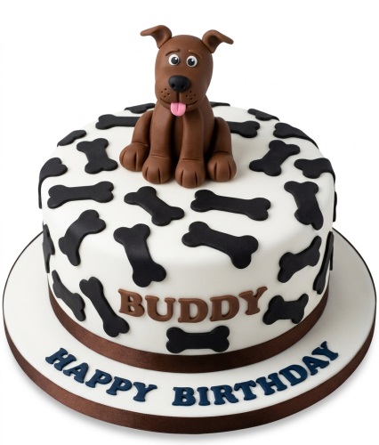 White round birthday cake with a brown 3D dog topper and black bone decorations, with a personalised message.