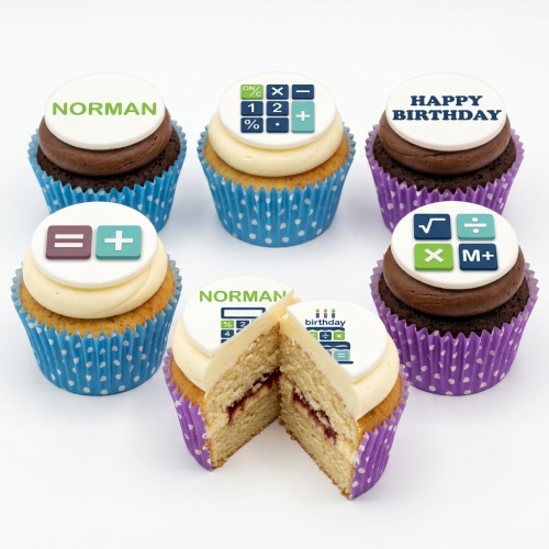 A set of six calculator theme birthday cupcakes with white toppers, featuring calculator buttons and 'Happy Birthday' text.