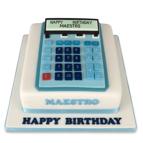 Two-tier white and blue calculator themed birthday cake with edible calculator on top and custom message.