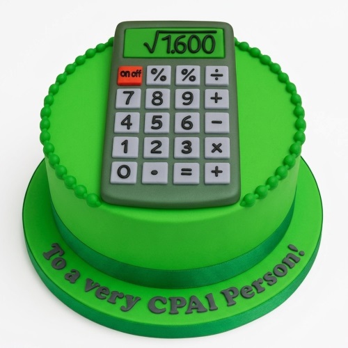 Two-tier green calculator theme birthday cake with an edible calculator topper and green beaded trim.