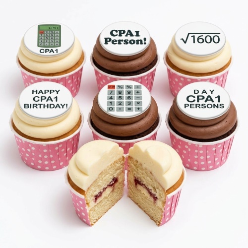 Six accountant theme birthday cupcakes with calculator and custom message toppers. Two cupcakes are cut open showing jam filling.