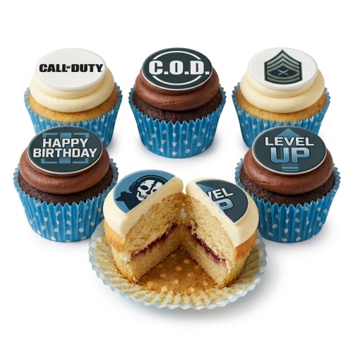 Call of Duty themed birthday cupcakes with game logos, military rank, skull graphic, and "Level Up" toppers.