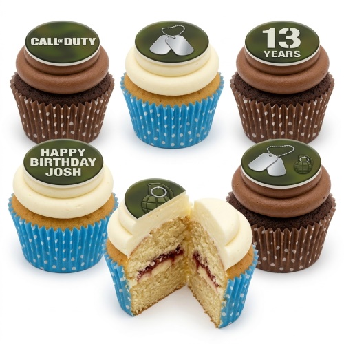 Call of Duty themed cupcakes with dog tags, grenades, and custom age/message toppers.