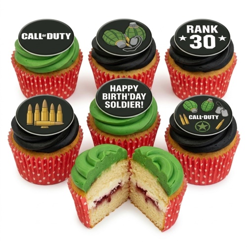 Call of Duty themed cupcakes with green and black frosting, featuring game-inspired toppers and a "Happy Birthday Soldier" message.