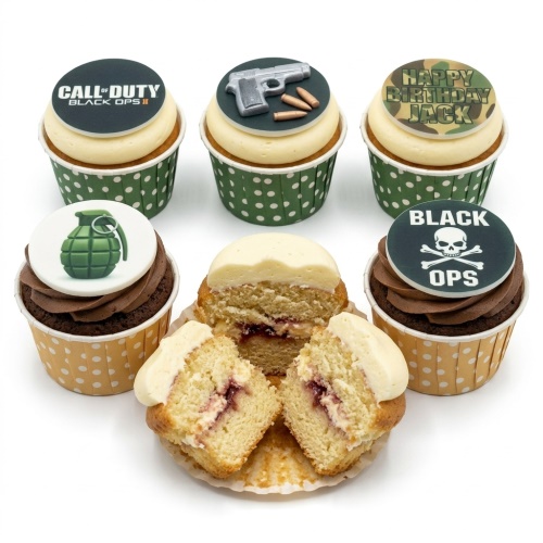 Call of Duty themed birthday cupcakes with game logos, gun, grenade, and camouflage toppers.