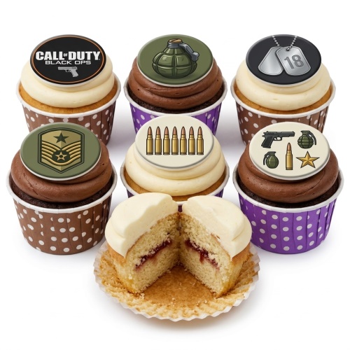Call of Duty themed cupcakes with military insignia, grenades, bullets, and dog tags.