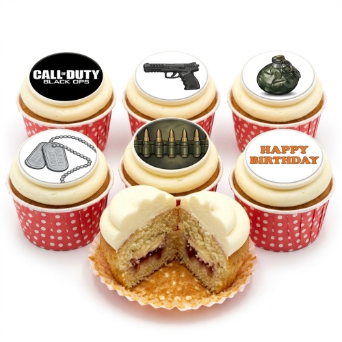 Call of Duty themed birthday cupcakes with game logo, pistol, grenade, dog tags, and bullets toppers.