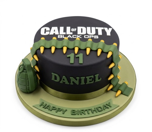 Round black Call of Duty Black Ops birthday cake with green grenade and ammunition belt.