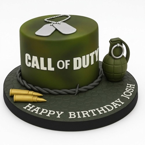 Round Call of Duty themed birthday cake with camouflage, dog tags, grenade, and bullets.