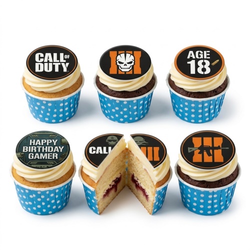 Call of Duty themed birthday cupcakes with game logos, skull, weapon, and custom age topper.