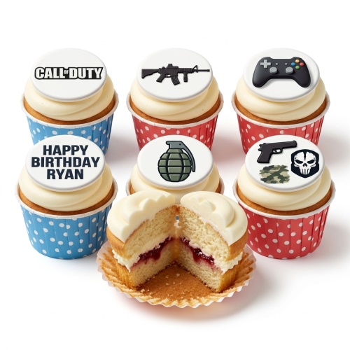 Call of Duty themed cupcakes with game logo, rifle, controller, grenade, and skull toppers.