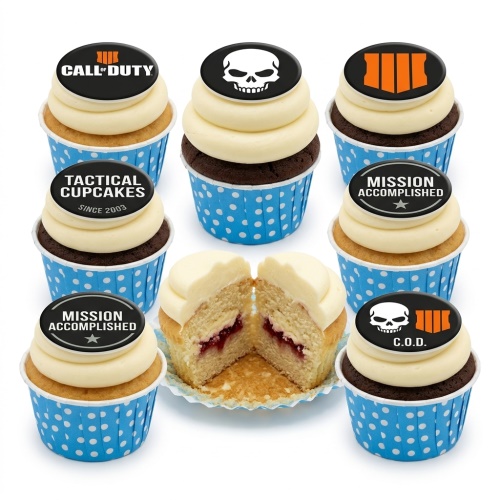 Call of Duty themed cupcakes with game logos and tactical phrases on edible toppers.