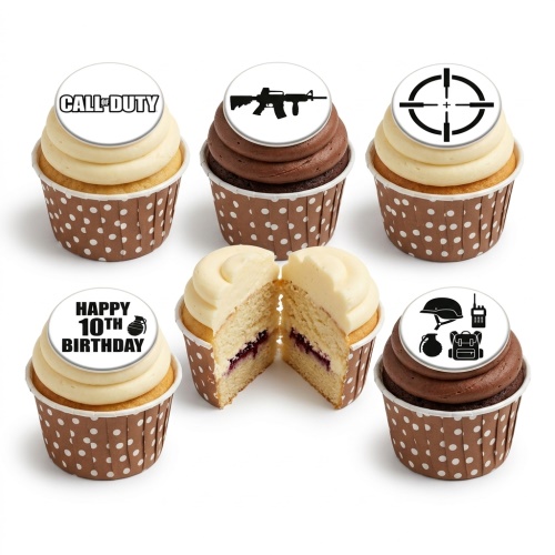 Call of Duty themed cupcakes with game logo, rifle, scope, and military gear toppers. Vanilla and chocolate frosting.