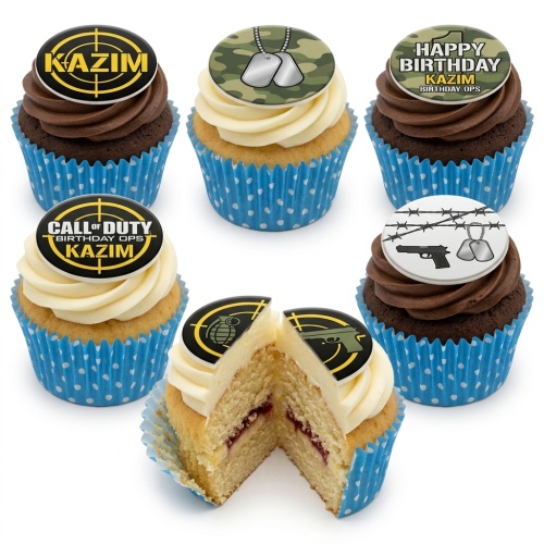 Cupcakes with Call of Duty and military themed toppers, including dog tags, guns, and grenades.