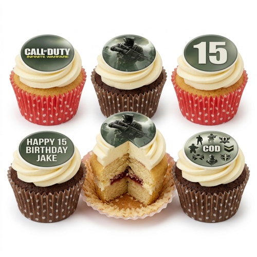 Call of Duty themed cupcakes with soldier toppers, game logo, and custom age/name.
