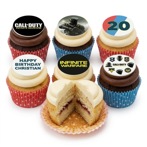 Call of Duty Infinite Warfare themed cupcakes with game logos, soldier image, and custom age/message toppers.