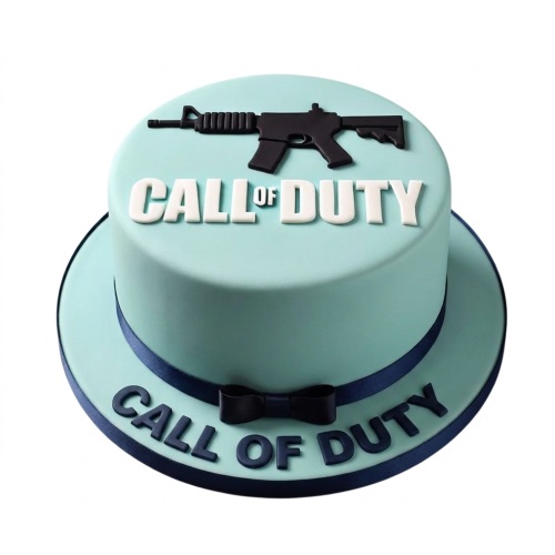 Round Call of Duty themed birthday cake with black rifle topper and game logo on light blue fondant.